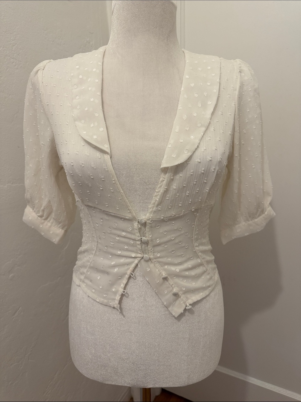 Free People Ivory Swiss Dot Corset Top with Puff Sleeves